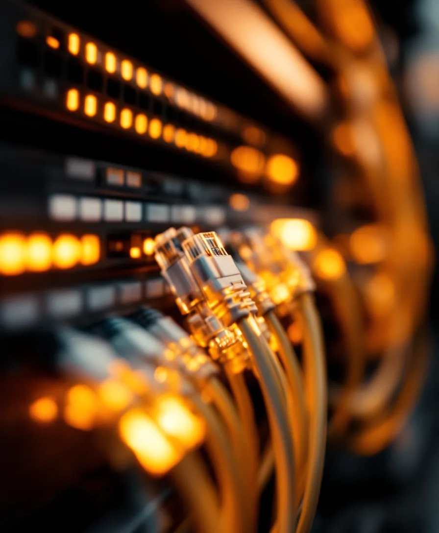 A coiled bundle of labelled network cables and a server rack in warm light