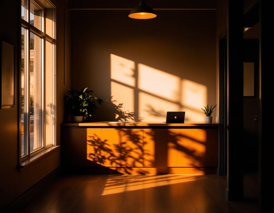 Warm, tidy reception area of the Halstead Yard office on Church Street