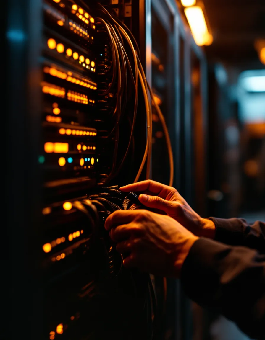 Engineer tidying a labelled network rack in warm light